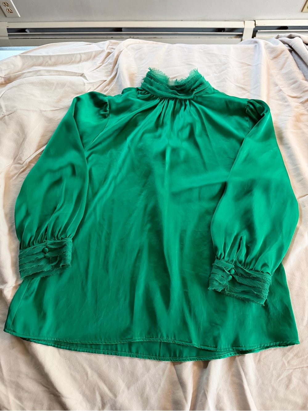 Zara Emerald Green Satin Fringe High Neck Blouse Puff Sleeve XS